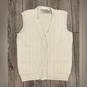 Vintage 90s Cable Pure Virgin Knit Wool Sweater Vest - Cream/Beige - Size S